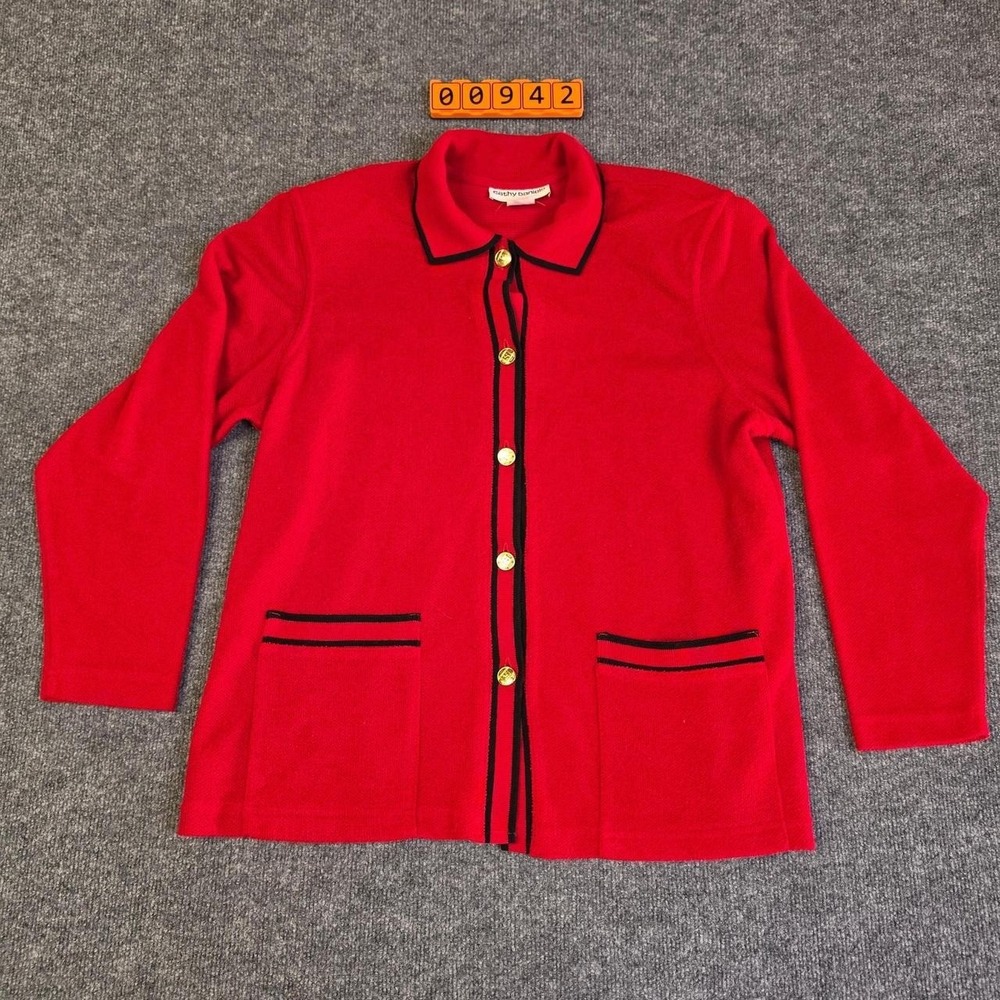 Cathy Daniels red cardigan with padded shoulders, black trim, gold buttons, L